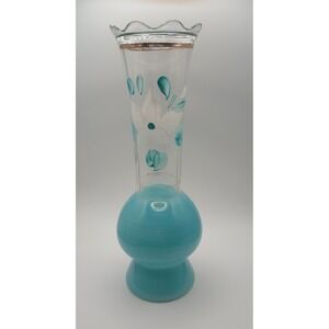 Vintage Hand-Painted Barlett Collins Glass Vase with Floral Design & Blue Accent